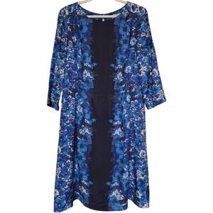 Boden Blue Floral Silk Blend Dress Womens 10 Long A-Line Midi Side Zip Lined